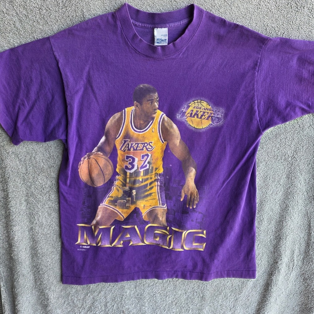 Vintage 90s Los Angeles Lakers Magic Johnson Salem Tag Tshirt Purple‎ Basketball